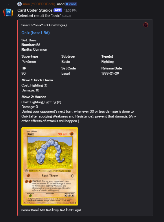 Discord bot preview showing an Onix card search result